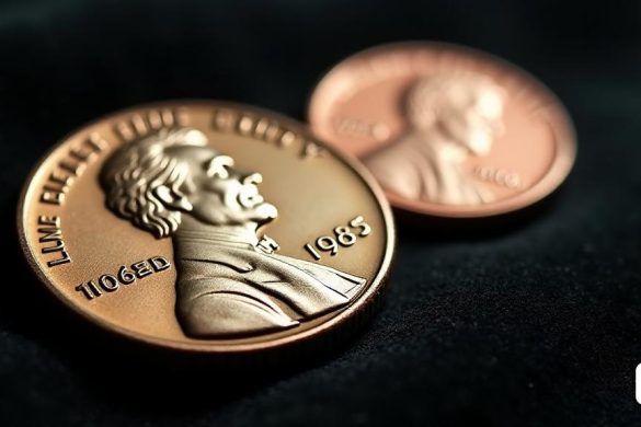 La imagen debe representar una vista de primer plano de dos monedas raras. En primer plano, una moneda '1960-D pequeña durante la fecha grande' debe presentarse prominentemente. La moneda tiene un error único con el 'D' Mintmark que muestra un efecto de 'ataque duplicado', creando una doble impresión notable. La 'fecha pequeña' es visible además de la 'fecha grande', creando un efecto de capas obvio, que se destaca claramente en la superficie de la moneda. La moneda debe parecer ligeramente desgastada, pero aún en buenas condiciones. En el fondo, se debe colocar una moneda '1983 Cent' sin ningún Mintmark, mostrando su error de 'Dupluce Die Reverse', donde la imagen se duplica en la parte inferior de la moneda debido a una misión. La moneda debe tener una superficie suave y sin marcar, excepto por la impresión duplicada, lo que hace que parezca única. Ambas monedas deben colocarse en un fondo oscuro y similar al terciopelo para resaltar sus intrincados detalles y errores. La iluminación debe enfatizar las dife