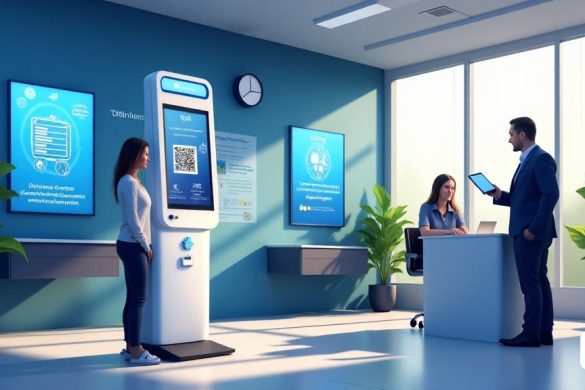 La imagen muestra un moderno y elegante 'entorno de oficina' de Aigües de Reus, que muestra una combinación de tecnología y servicio al cliente. En primer plano, se muestra un 'quiosco digital' de manera prominente, con un usuario escaneando un 'código QR' para acceder a su cuenta. El quiosco tiene una pantalla brillante que muestra opciones para 'pagos en línea' y 'gestión de contratos'. A un lado, un amigable 'representante de servicio al cliente' ayuda a un cliente en un escritorio, rodeado de 'monitores digitales' que muestran estadísticas en tiempo real y datos relacionados con los contratos de agua. El fondo presenta un muro adornado con 'carteles informativos' sobre los beneficios de 'facturas electrónicas' y 'servicios telemáticos', enfatizando la facilidad de uso y eficiencia. La luz natural se filtra a través de grandes ventanas, creando un ambiente acogedor. El esquema de color general es una mezcla de 'azul' y 'blanco', simbolizando la limpieza y la confiabilidad, con plantas estratégicamente ubic