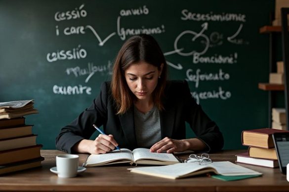 La imagen presenta una escena reflexiva e intelectual centrada en la lingüística y los matices del lenguaje. En el centro, una persona se sienta en un escritorio de madera rodeada de libros y papeles abiertos, con diccionarios y materiales de referencia dispersos por la mesa. Están profundamente en concentración, sosteniendo un lápiz y notas anotadoras en un bloc de notas. La persona está mirando una página que discute la etimología de la palabra 'Secessió', mientras que en el fondo, hay una gran pizarra cubierta de palabras y diagramas escritos, como 'cessió,' 'segregacionismo' y 'secesiónismos', mostrando la complejidad del lenguaje. La pizarra también tiene flechas y círculos que conectan los diversos términos, enfatizando sus desafíos fonéticos. En el escritorio, hay una taza de café y un pequeño dispositivo digital que muestra una aplicación de diccionario, reforzando la idea de usar herramientas modernas para la exploración lingüística. El ambiente general es tranquilo, académico y enfocado en comprende