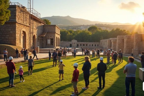 La imagen representa una escena del Necròpolis de Tàrraco, un sitio arqueológico histórico que experimenta un importante proyecto de rehabilitación. En primer plano, un exuberante 'jardín' se está transformando en un parque público abierto, con trabajadores con cascos y chalecos de seguridad, involucrados en paisajismo y construcción. En el fondo, el 'edificio del museo' está siendo restaurado, con andamios que cubren partes de su antigua fachada de piedra. Las personas, incluidas las familias con niños, visitan el sitio durante el último fin de semana de la Open antes de que comience la rehabilitación. Los visitantes, vestidos con ropa casual, participan en 'visitas guiadas' y 'monólogos', con algunos participar en 'talleres' organizados por grupos culturales. El sol poniente arroja un brillo cálido sobre el sitio, destacando la combinación de ruinas 'antiguas' y esfuerzos de construcción 'modernos'. Hay 'letreros' que apuntan a diferentes áreas como el 'acceso original' y la 'excavación de centelas'. Alguno