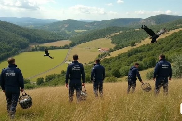 Un paisaje rural en las regiones de Osona, Ripollès y Lluçanès en Cataluña, que muestra una variedad de esfuerzos de rescate de vida silvestre por parte de los agentes rurales. La escena incluye un pájaro de 'Kite Black' en apuros, incapaz de tomar vuelo, con un agente que lo ayudó suavemente a regresar al aire. En otra esquina, se ve una 'cigüeña' electrocutada en una línea eléctrica, con el equipo de rescate manejando cuidadosamente la situación. Una 'serpiente' busca refugio dentro de una casa, y se ve a los agentes asegurándolo antes de devolverlo a la naturaleza. El telón de fondo está lleno de exuberante vegetación, típica de estas regiones, y algunos otros animales rescatados como 'Bats', 'Sparrows' y 'Blackbirds' se muestran transportados en cajas. También hay imágenes de 'canchas de remo' con vidrio reflectante, causando colisiones con aves y 'líneas eléctricas' donde ocurren muertes de electrocución. Los agentes, vestidos con su uniforme oficial, están enfocados y profesionales, trabajando para gara
