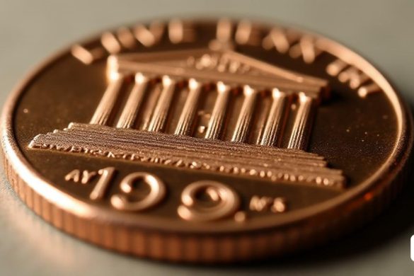 Un primer plano de un Penny Lincoln 'Wide Am' de 1998, que muestra el error único en el diseño. La imagen se centra en el reverso de la moneda, destacando la separación entre 'A' y 'M' en la palabra 'América', que es inusualmente amplia en comparación con los centavos estándar. La moneda tiene una superficie brillante y bien mantenida con detalles finos. El 'Lincoln Memorial' es visible en el fondo de la moneda, con sus intrincadas columnas y estructura claramente discernible. El centavo se muestra en un fondo neutral para enfatizar la rareza de la moneda. Una luz suave resalta los detalles elevados de la moneda, que muestra su condición de alta calidad y una sombra sutil arroja a través de la superficie, dándole un aspecto pulido, casi reflexivo. Este centavo específico de 'amplia AM' sería de interés para los numismáticos, con su error particular haciéndolo muy valioso en el mercado del coleccionista.