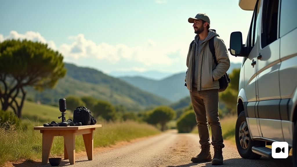 Un retrato detallado de Dani Guillem, un periodista convertido en podcaster, en un entorno natural rodeado por un sentido de aventura. Está parado junto a una 'autocaravana' (autocaravana) estacionada en un camino pintoresco y sinuoso, con colinas y árboles en el fondo. Dani está vestido con ropa informal y cómoda al aire libre adecuada para viajar, con una chaqueta ligera, botas de senderismo y una gorra, reflejando su espíritu aventurero. Su expresión es reflexiva y ligeramente sonriente, mientras mira hacia el horizonte. A su alrededor, el exuberante paisaje verde simboliza su amor por la naturaleza y los viajes. En primer plano, un equipo de micrófono y podcasting se sienta en una pequeña mesa, insinuando su carrera como podcaster, discutiendo temas sobre 'nòmades' (vida nómada) y 'autocaravanes'. El camino por delante no está pavimentado, simbolizando la libertad de exploración, sin dirección fija, que encarna su pasión por 'Viatjar' (viajar) y descubriendo nuevos lugares. El cielo de arriba está claro,