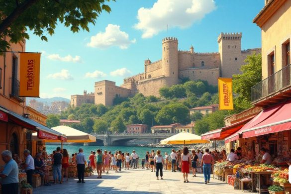 Un vibrante 'paisaje urbano' de tortosa, que muestra una mezcla de 'arquitectura histórica' e 'infraestructura moderna'. En primer plano, una bulliciosa 'Market Street' llena de 'vendedores locales' que venden productos frescos y artesanías hechas a mano, mientras que los 'consumidores' de varias edades y géneros participan en conversaciones animadas. La calle está adornada con coloridos 'pancartas' que promueven la campaña 'Bons tortosa', simbolizando el apoyo de la comunidad para el comercio local. En el fondo, el majestuoso 'Castle of La Suda' se encuentra alto, rodeado de exuberante vegetación, insinuando los proyectos de restauración en curso. Es visible un "centro de información turística", con visitantes admirando folletos sobre el "patrimonio cultural" de la ciudad y las "atracciones naturales". El 'río Ebre' brilla bajo el sol, con familias que disfrutan del recién construido 'área recreativa' a lo largo de sus orillas. La escena captura la esencia de una ciudad en transición, equilibrando el "crecim