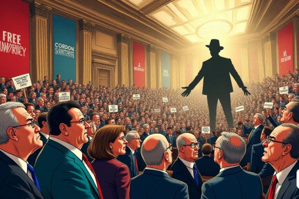 Una caricatura política vibrante y estimulante que representa una bulliciosa escena de debate parlamentario, ambientada en una gran cámara legislativa llena de hileras de diversos políticos involucrados en discusiones animadas. Las paredes están adornadas con grandes pancartas que leen 'democracia' y 'debate gratuito', mientras que la atmósfera está acusada de una mezcla de tensión y entusiasmo. En primer plano, un grupo de políticos de izquierda, vestidos con vestimenta formal, se representan con expresiones exageradas de preocupación y confusión, simbolizando su incomodidad con la creciente influencia de los partidos de oposición, representados por una figura sombría etiquetada 'Cordon Sanitari'. Esta figura se aunde siniestramente en el fondo, lanzando una larga sombra sobre la cámara, ilustrando el concepto de exclusión en la política. En el lado opuesto, los representantes de varios partidos de oposición, incluidas las caricaturas de figuras como 'Vox', 'Le Pen' y 'Meloni', se muestran reunidos, unidos y