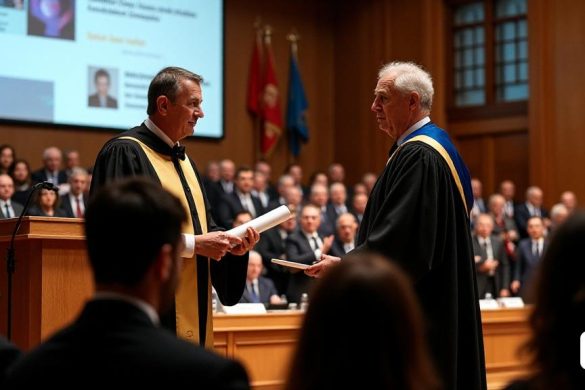 Una ceremonia académica formal en la Universitat Rovira I Virgili, donde Mark Philip Jensen, un reconocido experto en evaluación y tratamiento de dolor crónico, recibe un doctorado honorario. El escenario es un gran salón universitario, lleno de dignatarios, profesores y estudiantes que asisten. En primer plano, Mark Jensen está parado en el podio, con un vestido académico negro con adornos dorados, sosteniendo el pergamino de doctorado ceremonial con una expresión orgullosa y humilde. A su izquierda, Jordi Miró, el director de la Càtedra de Dolor Infantil-Fundació Grünenthal, está dando un discurso, su expresión llena de admiración por las contribuciones de Jensen. La habitación está adornada con las pancartas y las banderas de la universidad, con una iluminación cálida y ambiental que arroja un brillo digno sobre el evento. Varias filas de asistentes, vestidos con atuendo formal, miran atentamente. En la pared detrás, una pantalla grande muestra imágenes de colaboración académica, incluida la investigación