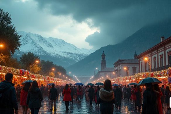 Una dramática escena del 'clima' se desarrolla sobre el paisaje de España, que muestra el 'contraste' de los climas a medida que se cierran las 'nubes oscuras' ominosamente arriba. A la izquierda, una cordillera 'cubierta de nieve' brilla bajo un pálido 'sol de invierno', mientras que a la derecha, la 'lluvia pesada' se derrama, creando una atmósfera 'brumosa'. En primer plano, una bulliciosa escena 'carnaval' cobra vida, con coloridos 'disfraces' y 'decoraciones festivas' que adornan las calles, a pesar de la inminente 'tormenta'. Los juerguistas, algunos que sostienen 'paraguas', bailan con alegría, sus expresiones una mezcla de emoción y preocupación mientras miran el 'cielo nublado'. En el fondo, 'Lightning' parpadea de manera intermitente, iluminando las carniceras de carnaval 'vibrantes' que están decoradas con 'flores' y 'serpentinas'. La 'atmósfera' es eléctrica, que encarna el espíritu de celebración mientras está teñido con la imprevisibilidad del clima.