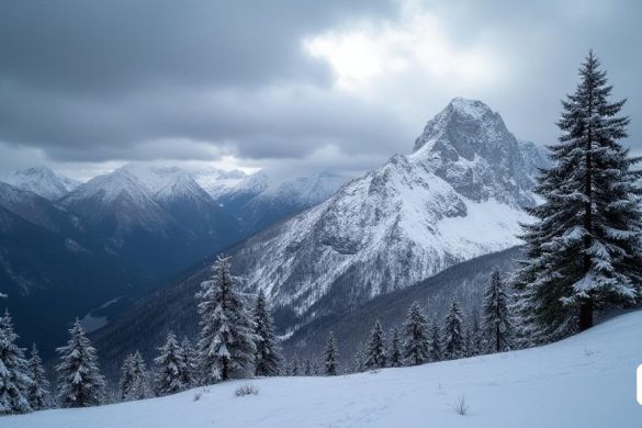 Una dramática escena invernal se desarrolla en las regiones del norte de España, que muestra los 'paisajes montañosos' del 'Pirineus' y 'Serralada Cantàbrica'. El cielo es un gris profundo, pesado con 'nubes' que amenazan con liberar 'lluvias persistentes' y 'nevadas'. En primer plano, un 'pico cubierto de nieve' se eleva majestuosamente, su cumbre brillando bajo la tenue luz que rompió las nubes. A continuación, las pendientes están cubiertas en una gruesa capa de 'nieve fresca', creando un marcado contraste con las rocas oscuras y resistentes. A mediados de la tierra, los 'Pine Trees' se alzan, sus ramas llenas de nieve, lo que se suma a la serena belleza de la escena. El aire es crujiente, y el 'viento' azota los valles, enviando ráfagas de nieve girando al aire. En la distancia, otras 'montañas' se desvanecen en la niebla, mejorando la sensación de profundidad y aislamiento. Este pintoresco paisaje invernal captura la esencia de las advertencias meteorológicas emitidas por el meteorólogo Roberto Brasero,