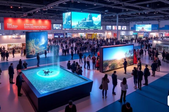Una escena bulliciosa en el Congreso de ISE 2023 en Fira de Barcelona, ​​que muestra una vibrante 'Salón de Exposiciones' llena de pantallas de 'tecnología innovadora'. El salón se divide en ocho 'pabellones' distintos, cada uno dedicado a temas como 'ciudades inteligentes', 'tecnología educativa' y 'señalización digital'. En el centro, se destaca el 'Pabellón de Cataluña', adornado con pancartas coloridas y exhibiciones interactivas. Los asistentes, una mezcla diversa de profesionales y entusiastas, se involucran con 'experiencias inmersivas' como el 'Robótica y la arena de drones', donde los drones realizan intrincadas maniobras aéreas en un contexto de un 'cielo dinámico'. Cerca, una gran 'pantalla' muestra la 'realidad aumentada' experiencia 'Flors de Veu', cautivando a los visitantes con sus impresionantes imágenes. La atmósfera es eléctrica, llena de los sonidos de 'redes', 'demostraciones' y el zumbido de la emoción a medida que las personas exploran lo último en 'tecnología audiovisual'. La iluminació