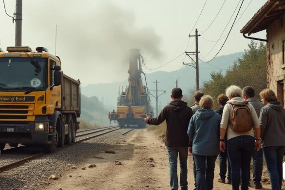 Una escena bulliciosa que representa el trabajo de construcción en curso en el túnel ferroviario 'Roda de Berà'. En primer plano, un grupo de 'residentes' preocupados se unen, sus expresiones una mezcla de preocupación y frustración. Una mujer, Conxita Veiga, está señalando hacia su casa cercana, que muestra 'grietas' visibles en sus paredes. Las 'grietas' son irregulares y prominentes, insinuando el daño estructural causado por las vibraciones de construcción. Detrás de ellos, la maquinaria pesada, incluida una gran 'máquina de perforación', emite nubes de polvo y ruido, creando una atmósfera caótica. El 'cielo' de arriba es un gris apagado, que refleja el sombrío estado de ánimo de la comunidad. A la izquierda, un 'vehículo' estacionado muestra signos de daño, con una puerta abollada y una ventana destrozada, lo que indica el impacto de las actividades de construcción. En el fondo, las vías del ferrocarril son visibles, con un tren que pasa, simbolizando el aumento en los 'trenes de flete' que los residente