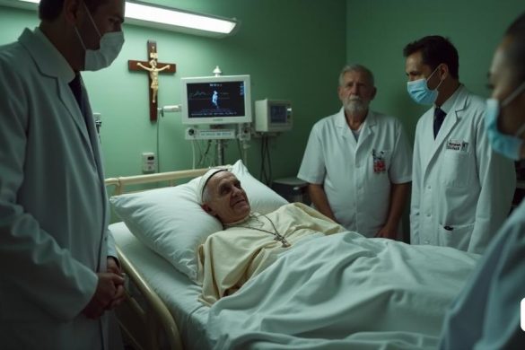 Una escena emocional solemne se desarrolla en una habitación de hospital en Roma. La atención se centra en el 'Papa Francisco', que se encuentra en una cama de hospital, visiblemente frágil pero con una expresión pacífica. Su rostro está ligeramente pálido, mostrando los efectos de su enfermedad, pero sus ojos aún son brillantes con una sensación de fuerza. Está rodeado de equipos médicos, que incluyen un goteo intravenoso, tubos de oxígeno y monitores que muestran sus signos vitales. El fondo muestra una modesta habitación de hospital con iluminación suave y símbolos religiosos, como un crucifijo colgando en la pared, simbolizando su profunda fe. El ambiente es tranquilo y tenso, lo que refleja la gravedad de su estado de salud. Un equipo médico, vestido con abrigos y máscaras blancas, monitorea en silencio la salud del Papa, de pie cerca de su dignidad. Hay una sensación de vulnerabilidad y resistencia en el aire cuando el Papa Francisco enfrenta su 'batalla' con 'edad' y 'enfermedad', lo que demuestra un p