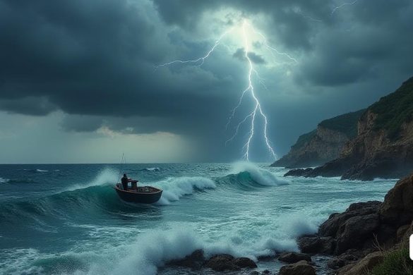Una escena meteorológica dramática se desarrolla sobre el Mediterráneo, donde se reúnen las oscuras y siniestras 'nubes de tormenta', girando con tonos de gris profundo y negro. El 'mar' a continuación es entrecortado, con 'olas' que se estrellan contra la costa rocosa, enviando 'aerosoles' de espuma blanca. En primer plano, un 'pescador solitario' lucha contra el viento, su pequeño 'bote' balanceándose precariamente en las aguas turbulentas. El 'cielo' es una mezcla de nubes oscuras y parches de gris más claro, insinuando la lluvia que está a punto de verter. En la distancia, los destellos de 'rayo' iluminan las nubes, mientras que las 'gotas de lluvia' comienzan a caer, creando ondas en la superficie del agua. El 'paisaje' es resistente, con acantilados que se elevan bruscamente desde la orilla, salpicados de escasa 'vegetación' que se balancea en los vientos racheados. La atmósfera está acusada de anticipación, ya que la tormenta inminente promete traer 'fuertes lluvias' y 'temperaturas frías' a la región,
