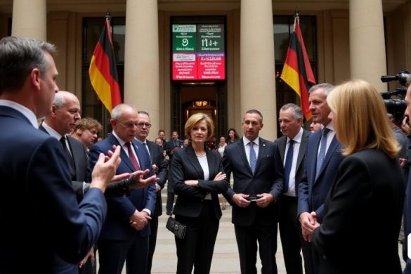 Una escena política ambientada en un gran e histórico edificio parlamentario alemán, con columnas altas y decoraciones ornamentadas. En primer plano, un grupo de diversos políticos se encuentra en un semicírculo, en una discusión profunda. El líder de la CDU/CSU, Friedrich Merz, un hombre de mediana edad con cabello corto y oscuro y con un traje de marina a medida, gestos apasionadamente mientras habla, su expresión seria pero decidida. A su lado, Alice Weidel, la líder de la AFD, una mujer de unos 40 años con cabello rubio, vestido con un inteligente blazer negro, escucha con atención, sus brazos cruzados. En el fondo, una gran pantalla digital muestra los resultados de las elecciones, con las palabras 'CDU/CSU 28.5%' y 'Afd 20.8%' parpadeando brillantemente en rojo y verde. La atmósfera es tensa, lo que refleja la incertidumbre de las negociaciones de la coalición, ya que los periodistas con cámaras y micrófonos se reúnen, capturando el momento. Las banderas de Alemania y varios partidos políticos cuelgan d