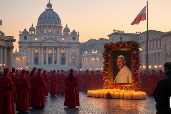 Una escena serena se desarrolla a primera hora de la mañana en el 'Vaticano', donde la 'Basílica Papal' se encuentra majestuosamente en el fondo. El cielo está pintado en tonos suaves de 'rosa' y 'naranja', lo que indica el amanecer de un nuevo día. En primer plano, un pequeño grupo de 'cardenales' y 'clérigo' se reúne en 'St. Peter's Square ', sus expresiones una mezcla de esperanza y solemnidad mientras se preparan para la oración diaria' Rosario 'por la salud del' Papa Francisco '. El 'Papa', aunque no visible, se siente en la atmósfera, ya que un gran 'retrato' de él se muestra prominentemente, rodeado de 'velas' parpadeantes que arrojan un brillo cálido. La plaza está adornada con 'flores' y 'pancartas' que simbolizan la paz y la curación. En la distancia, la 'bandera papal' fluta suavemente en la brisa, mientras que el sonido del suave 'canto' llena el aire, creando una sensación de unidad y devoción entre los fieles reunidos. La escena captura un momento de reflexión y oración, que encarna el espíritu