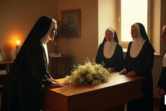 Una escena serena y conmovedora se desarrolla en una habitación suavemente iluminada, donde un grupo de 'hermanas religiosas' se reúne alrededor de un simple 'ataúd' de madera adornado con delicadas flores blancas. La atmósfera está llena de una sensación de reverencia y amor mientras presentan sus respetos a 'Maria Vicòria Molins', una figura querida en su comunidad. Las paredes están pintadas en tonos cálidos y apagados, creando un telón de fondo reconfortante. Una vela parpadeante arroja suaves sombras, simbolizando la luz de su espíritu. En la esquina, una fotografía enmarcada de su cara sonriente captura su calidez y amabilidad, rodeada de algunos artículos personales que reflejan su vida de servicio, incluida una 'Biblia' muy usada y una pila de sus libros publicados. Fuera de la ventana, el suave resplandor del sol poniente bata la escena con luz dorada, insinuando la esperanza y el legado que deja. El aire está lleno de silenciosos susurros de recuerdos compartidos, ya que las hermanas cuentan histori