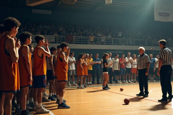 Una escena tensa se desarrolla en el 'Municipal de Pavelló de D’Altafulla', donde un partido de baloncesto acaba de concluir. El ambiente está cargado de emociones como espectadores, vestidos con colores del equipo, expresan una mezcla de choque y preocupación. En primer plano, un grupo de 'fanáticos' se encuentra con la boca, algunos con las manos en la cabeza, mientras que otros apuntan hacia la 'corte' donde ocurrió el incidente. La 'cancha' está marcada con los restos del juego, con un baloncesto que se encuentra abandonado cerca de la línea de tres puntos. En el fondo, se ve al 'entrenador visitante', un hombre de mediana edad con una ceja fruncida, confrontando a un joven espectador, su rostro se enrojeció de ira. El 'árbitro', una figura severa en una camisa a rayas en blanco y negro, se encuentra cerca, luciendo desconcertado mientras intenta restaurar el orden. Las 'gradas' están llenas de espectadores, algunos grabando la escena en sus teléfonos, mientras que otros susurran entre ellos, creando un z