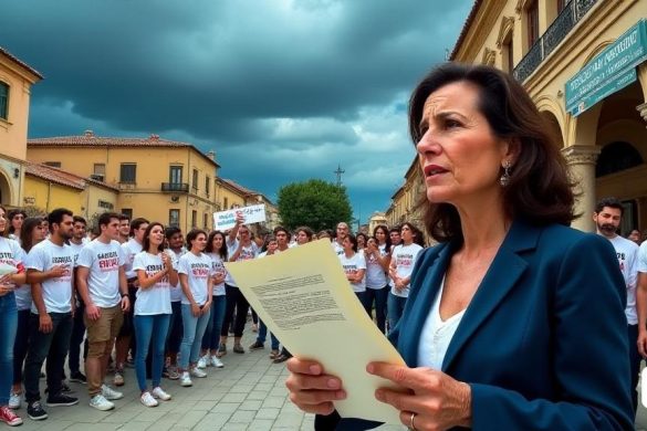 Una escena tensa se desarrolla en la ciudad de Vilafranca, donde los residentes se reúnen ansiosamente alrededor de un edificio del gobierno local, cuya fachada está decorada con pancartas y carteles que requieren 'apoyo' y 'acción urgente'. En primer plano, Silvia Colom, el alcalde, se representa con una expresión de determinación mientras tiene una carta dirigida a 'Carlos Mazón', el presidente de la Generalitat Valenciana, firmemente en su mano. Detrás de ella, una pequeña multitud de 'trabajadores' de Marie Claire, con camisetas 'protestas', muestra sus cartas de renuncia y señales que leen 'suficiente es suficiente'. Las expresiones en sus rostros reflejan frustración y "ansiedad" mientras se preparan para una próxima manifestación. En el fondo, el cielo azul contrasta con nubes oscuras que se avecinan sobre la ciudad, simbolizando la 'crisis' que cuelga sobre la comunidad. Los escaparates locales muestran signos de dificultades económicas, con algunos cerrados y otros que muestran signos de 'ayuda desea