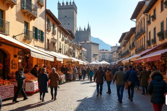 Una escena vibrante ambientada en el 'Center Històric de la Seu d’Urgell', llena de actividad durante el festival 'Llegendes I Sabors de Bosc'. Las calles adoquinadas están bordeadas de coloridos puestos que muestran 'Productes Autòctons', incluidos los frescos 'Carn de Caça' y 'Tòfona'. Las personas de todas las edades, vestidas con vestimenta de invierno cálida, deambulan por el mercado, muestrean manjares e interactúan con los productores locales. En el fondo, un pintoresco edificio medieval es alto, adornado con decoraciones festivas. Un grupo de chefs entusiastas demuestra habilidades culinarias, que prepara expertos platos tradicionales utilizando 'Porc Fer', 'Llebre' y 'Tòfona', rodeados de curiosos espectadores. Cerca, la actuación de 'Ball de L’Ossa' cautiva a una multitud, con bailarines con disfraces tradicionales que dan vida al folklore. El ambiente es animado, lleno de risas, el aroma de deliciosa comida y los sonidos de la música y la charla, todo bajo un cielo azul claro que sugiere la promesa
