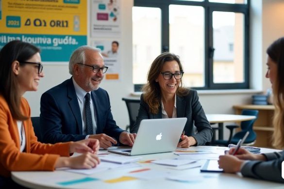 Una escena vibrante e informativa que representa un entorno moderno de 'oficina' donde las personas participan en diversas actividades relacionadas con la declaración de impuestos. En primer plano, un "grupo diverso" de personas, incluida una "mujer joven" con gafas y un "hombre de mediana edad" en un traje, está sentado en una "mesa redonda" cubierta de "documentos" y "computadoras portátiles". La mujer apunta a su pantalla, discutiendo las 'herramientas en línea' proporcionadas por 'Hisenda', mientras el hombre toma notas. En el fondo, un "asesor fiscal amigable" está ayudando a otro individuo en un "escritorio", que muestra un "folleto" sobre la "agitia agitadora". Las paredes están adornadas con 'carteles' que destacan fechas importantes para el 'Renda 2025', como '2 d'Abril' y '30 de Juny '. Una gran ventana deja en la 'luz natural', creando un ambiente cálido y acogedor. El estado de ánimo general es uno de 'colaboración' y 'apoyo', enfatizando la facilidad de navegar el proceso fiscal con la ayuda de '
