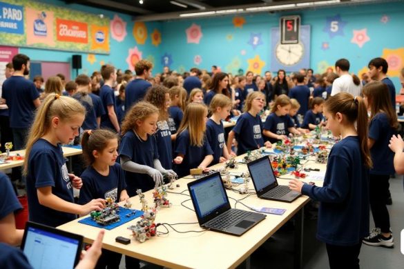 Una escena vibrante en el edificio PLA de la Massa del campus Universitari Igualada-udl, llena de más de 200 jóvenes participantes entusiastas de entre 6 y 16 años, todos reunidos para la competencia de la Primera Liga LEGO. La atmósfera es eléctrica, llena de emoción y anticipación, ya que los equipos muestran sus innovadores prototipos de LEGO con el tema de 'océanos' y sus 'ecosistemas'. Las pancartas y carteles coloridos que muestran el nombre de desafío 'sumergido' adornan las paredes, mientras que las tablas están cubiertas de varias piezas y herramientas de LEGO, lo que refleja la creatividad y el trabajo en equipo involucrado. Los jóvenes competidores, con camisas de equipo a juego, se dedican a discusiones animadas, algunos programando sus robots en computadoras portátiles, mientras que otros ajustan sus diseños. En el fondo, un reloj grande indica el tiempo, contando hasta el comienzo del evento a las 9 a.m. Un grupo de jueces, equipados con portapapeles y bolígrafos, observa a los equipos de cerca,