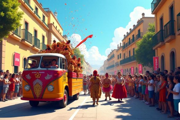 Una escena vibrante que representa el 'Carnaval de Cambrils', lleno de 'flotadores coloridos' y 'participantes entusiastas'. La calle está llena de 'espectadores emocionados', todos vestidos con 'disfraces festivos' y 'máscaras', celebrando la 16ª edición del Carnaval. En primer plano, un 'flotador' adornado con 'decoraciones brillantes' muestra a los artistas que bailan y arrojan 'confeti' al aire. El ambiente es animado, con una banda 'Batucada' tocando ritmo rítmico, energizando a la multitud. Las pancartas y las banderas revolotean en la brisa, mientras que el 'Reina del Carnaval' se ve en un atuendo real, rodeado por su séquito, mientras se abren paso a través de las 'calles históricas' de Cambrils. El cielo es un azul claro, contrastante con los 'colores vibrantes' de los disfraces y carrozas, creando un ambiente festivo y alegre.