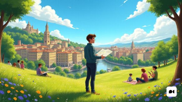 Una escena vibrante que representa la belleza de Catalunya durante la transición del invierno a la primavera. En primer plano, un joven meteorólogo, 'Jorge Rey', se erige con confianza con un mapa meteorológico en la mano, mostrando sus predicciones para el próximo 'Setmana Santa'. Está rodeado de exuberantes colinas verdes, salpicadas de flores 'flores silvestres' en tonos de amarillo y morado, simbolizando la llegada de la primavera. El cielo de arriba es un azul brillante, con esponjosas 'nubes' blancas que se desplazan perezosamente, insinuando el clima 'tranquilo' que pronostica. En el fondo, se puede ver la icónica 'arquitectura catalán', con coloridos edificios que disfrutan de la cálida luz del sol. Se puede ver a un grupo de personas disfrutando del aire libre, algunos que tienen picnics en la hierba, mientras que otras toman paseos tranquilos, encarnando el espíritu de 'celebración' y 'vida' al aire libre. El ambiente está lleno de una sensación de anticipación y alegría, ya que la comunidad espera