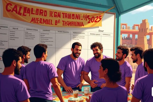 Una escena vibrante que representa la 'cola Jove Xiquets de Tarragona' durante una reunión animada. En primer plano, un grupo diverso de Castellers, vestidos con sus firmas camisas 'Lila', se dedican a discusiones animadas, sus expresiones una mezcla de determinación y emoción. El telón de fondo presenta una pancarta colorida que anuncia el 'Asamblea Extraordinària', revoloteando suavemente en la brisa. A un lado, una gran pizarra muestra el 'Calendari Provisional 2025', con fechas y eventos meticulosamente listados, incluidas las 'Festas de la Magdalena de Castelló' y 'Día d’Enici de Temporalada'. El ambiente está lleno de una sensación de camaradería y anticipación, ya que los miembros se preparan para los próximos desafíos, incluidos los ambiciosos objetivos de '5de9 Amb Folre' y '4de9 Amb Folre I l’Gulla'. A lo lejos, se ve una configuración festiva para el 'Baixada del Pajaritu', con mesas adornadas con manteles y gafas listos para el Vermut. La escena captura la esencia del espíritu comunitario, la trad