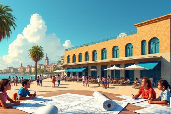 Una escena vibrante que representa la 'Escola del Mar' en Barcelona, ​​ambientada en el contexto del vecindario 'Barceloneta'. La imagen captura un día soleado con cielos azules claros, donde el edificio histórico, caracterizado por su 'arquitectura mediterránea', se destaca con orgullo. La fachada presenta 'baldosas coloridas' y 'ventanas grandes' que reflejan la luz del sol, creando una atmósfera cálida y acogedora. En primer plano, un grupo diverso de niños, involucrado en diversas actividades educativas, se ve jugando y aprendiendo, simbolizando el compromiso de la escuela con la "innovación pedagógica". Cerca, los residentes locales, incluidos 'Manel Martínez', están discutiendo la importancia del legado de la escuela, con un telón de fondo de las bulliciosas calles 'Barceloneta' llenas de 'palmeras' y 'terrazas de cafés'. La imagen también insinúa los planes futuros para la escuela, con planos y bocetos dispersos en una mesa cercana, mostrando la dedicación de la comunidad para revitalizar esta instituc