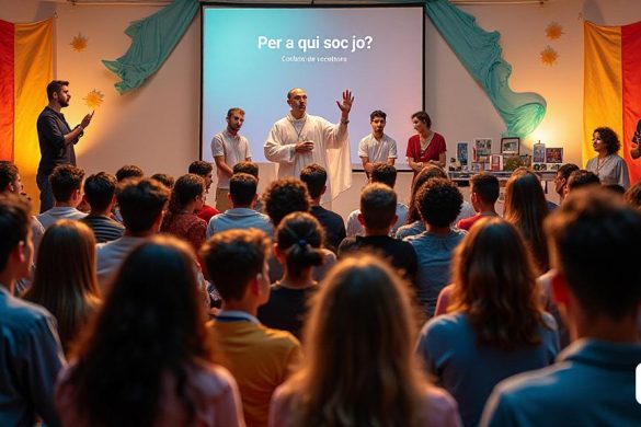 Una escena vibrante que representa la reciente 'Congros de Vocacions' celebrada en Madrid, que muestra una asamblea diversa de personas involucradas en una conversación profunda y reflexión. En primer plano, un grupo de adultos jóvenes, que representan diversos orígenes, están sentados en un círculo, sus expresiones una mezcla de curiosidad y contemplación mientras discuten el tema 'Per A Qui Soc Jo?'. El telón de fondo presenta una gran pancarta con la frase 'Asamblea de cridats por a la Missió' que se exhibió prominentemente, rodeada de decoraciones coloridas que simbolizan la unidad y la fe. A un lado, se ve a un sacerdote liderando una sesión de oración, sus manos levantadas en un gesto de bendición, mientras que un pequeño grupo de asistentes se arrodilló en reverencia, encarnando el llamado a 'Pregunte perles Vocacions'. En otra esquina, una mesa está configurada con panfletos y recursos sobre el 'discernimiento del pomado', invitando a los participantes a explorar sus caminos vocacionales. El ambiente
