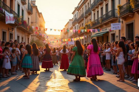 Una escena vibrante que representa las celebraciones de 'Dia de la Dona' en Xàtiva, que muestra una calle animada llena de personas de todas las edades. En primer plano, un grupo diverso de mujeres, vestidas con atuendo tradicional de 'Valenciana' tradicional, participan alegremente en una 'Batucada', su tambores rítmicos que resonan en el aire. Cerca, un banner que lee '8m. Vam ser, Som I Serem Feministes 'Flutters en la brisa, simbolizando el espíritu del evento. El fondo presenta la 'Casa de Les Dones', adornada con el arte y las decoraciones 'feministas', mientras que una multitud se reúne, esperando ansiosamente el comienzo del 'manifiesto'. Se ve a los niños con signos hechos a mano con mensajes de 'igualdad' y 'empoderamiento'. La atmósfera está llena de emoción y anticipación, ya que se pone el sol, arrojando un cálido brillo sobre la escena, destacando la unidad y la fuerza de la comunidad en su lucha por la 'igualdad de género'.