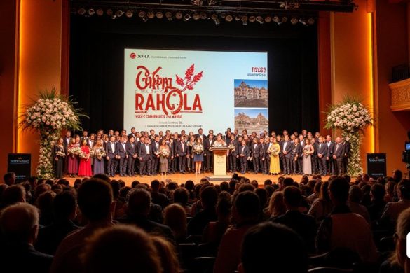Una escena vibrante se desarrolla en 'L’Auditori de Girona', donde la atmósfera está llena de anticipación y emoción a medida que los asistentes se reúnen para la '16ª edición de los Premios de Comunicación Local Carles Rahola'. El salón está adornado con decoraciones elegantes, con suaves 'luces doradas' que iluminan el escenario, creando un ambiente cálido y acogedor. Una gran pancarta cuelga prominentemente, mostrando el título del evento en letras artísticas en negrita. La audiencia, una mezcla diversa de 'periodistas', 'académicos' y 'dignatarios locales', está vestido con atuendo formal, lo que refleja la importancia de la ocasión. En el escenario, se establece un podio, flanqueado por arreglos florales que agregan un toque de naturaleza al evento. Los ganadores del premio, incluidos 'Gemma Busquets Ros', 'Carme Martínez Palomé' y 'Marc Faro', se destacan a medida que avanzan para recibir sus elogios, sus expresiones una mezcla de orgullo y gratitud. Las cámaras parpadean mientras mantienen sus premios