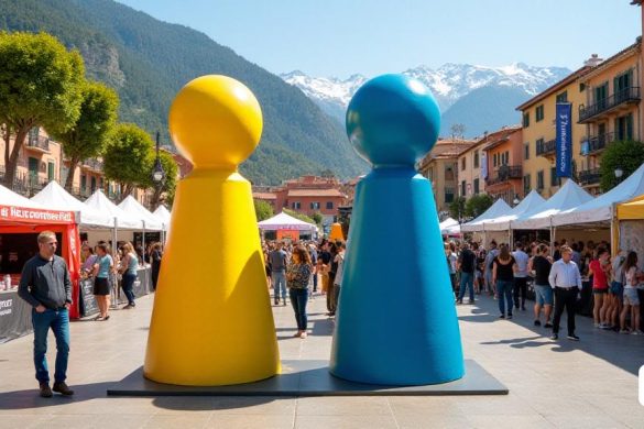 Una escena vibrante y animada en el Festival IX del Joc del Pirineu en La Seu d'Urgell. La imagen presenta una bulliciosa plaza pública con grandes y coloridas esculturas de 'meeples' en el centro: una amarilla y mediana de tamaño, y el otro azul y más grande. Estas 'meeeples' están hechas de madera y se destacan prominentemente en el contexto de las actividades del festival. La plaza está llena de personas de varias edades, participando ansiosamente en diferentes juegos de mesa y actividades interactivas. Los puestos y las carpas que representan varios 'editoriales' y 'entidades' bordean los bordes, ofreciendo juegos e información. El fondo muestra el paisaje montañoso del Pirineu, con picos nevados en la distancia. Varias mesas de juego están configuradas con participantes involucrados en juegos como 'Fromage' y 'Puerto Rico', mientras que otras se reúnen en grupos, hablando y disfrutando del entorno inclusivo y amigable para los sensorios. El ambiente del festival es festivo y acogedor, con pancartas del l