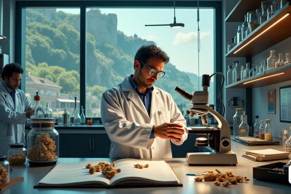 Una escena vibrante y atractiva que muestra 'Gianni Gallello', un investigador distinguido, que se encuentra con confianza en un laboratorio moderno lleno de 'equipos científicos' avanzados. La habitación está iluminada por luces superiores brillantes, lanzando un brillo cálido en las superficies brillantes de varios 'instrumentos de laboratorio' y 'compuestos químicos' en recipientes de vidrio. En el fondo, una gran ventana revela una vista pintoresca de la 'Universidad de Valencia', con su impresionante arquitectura enmarcada por una exuberante vegetación. Gianni está vestido con una bata de laboratorio blanca, con gafas de seguridad encaramadas en la frente, y está examinando atentamente una muestra bajo un 'microscopio' de alta potencia. En una mesa cercana, hay varias 'muestras' de sitios arqueológicos, incluidos 'huesos' y 'calc', junto con un cuaderno abierto lleno de observaciones y bocetos detallados. Las paredes están adornadas con carteles que muestran 'hallazgos arqueológicos' y 'análisis químicos