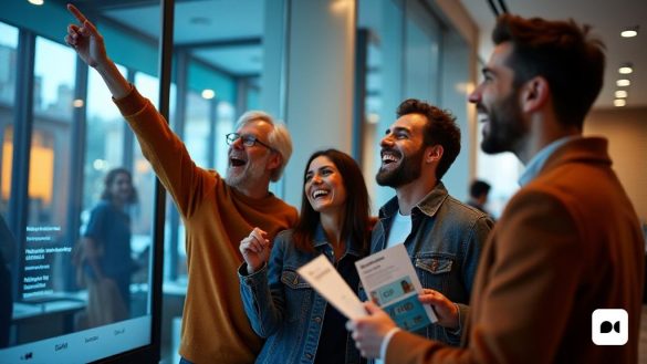 Una escena vibrante y atractiva que representa a un grupo de clientes de 'Eufòrics' en una sucursal de Caixabank, celebrando las últimas noticias financieras. El interior del banco es moderno y elegante, con grandes ventanas de vidrio que permiten que la luz natural inunde el espacio. En primer plano, un grupo diverso de clientes, incluida una pareja de mediana edad y un joven profesional, discuten animadamente sus estrategias de inversión. Están rodeados de pantallas digitales que muestran 'valores refugi' y gráficos financieros, enfatizando la importancia de preservar el capital durante la incertidumbre económica. La pareja posee un folleto titulado 'Consells Sobre Valors Refugi', mientras que el joven profesional apunta en una pantalla que muestra tendencias crecientes en 'Metalls Preciosos' como 'o' y 'Plata'. En el fondo, un asesor bancario amigable se está involucrando con otro cliente, explicando los beneficios de invertir en 'divisas' como el 'dòlar nord-americà' y 'franc suís'. La atmósfera está llen