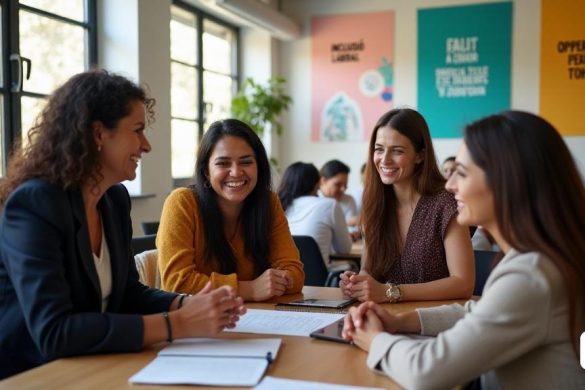 Una escena vibrante y esperanzadora que representa a un grupo diverso de mujeres, que representa a 'Dones Refugiades', reunida en un espacio de oficina moderno. La habitación está llena de luz natural que se transmite a través de grandes ventanas, iluminando las caras de las mujeres que participan en una sesión de tutoría. Cada mujer tiene un fondo único, que muestra una variedad de 'atuendo cultural' que refleja su herencia. En primer plano, un profesional de Banco Santander, vestido con un "traje de negocios" inteligente, está discutiendo animadamente un documento con una mujer joven que parece ansiosa por aprender. Las paredes están adornadas con carteles motivadores que leen frases como 'inclusió laborales' y 'Oportunitats por tothom'. En el fondo, un pequeño grupo de mujeres está sentado alrededor de una mesa, colaborando en un proyecto, con computadoras portátiles y cuadernos dispersos, simbolizando 'aprenentatge col·lectiu'. La atmósfera es de apoyo y empoderamiento, con sonrisas y gestos de aliento in