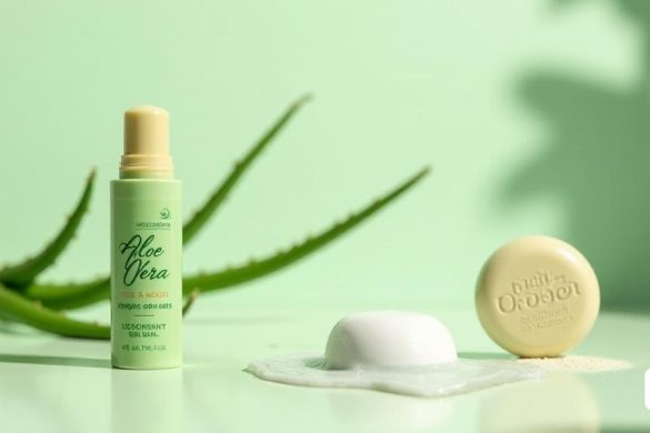 Una exhibición vibrante y acogedora de dos productos desodorantes de Mercadona, ubicado en un fondo limpio y minimalista. El primer producto, un elegante desodorante de 'palo', aparece prominentemente a la izquierda, mostrando su diseño suave y redondeado y una etiqueta que lee 'aloe vera' en una elegante tipografía verde. El palo se eleva parcialmente, revelando su textura cremosa, lo que sugiere una nueva aplicación. Al lado, el segundo producto, un desodorante 'mineral' en forma sólida, se presenta a la derecha, con un acabado mate y una etiqueta que indica 'sin fragancias agregadas'. Este producto se representa con un pequeño toque de agua al lado, insinuando el método de aplicación necesario. La iluminación suave y natural mejora la escena, lanzando sombras suaves y destacando los aspectos "naturales" y "sin alcohol" de ambos productos. En el fondo, la vegetación de enfoque suave y un toque de hojas de aloe vera enfatizan el tema de 'ingredientes naturales', creando una atmósfera refrescante y ecológica.