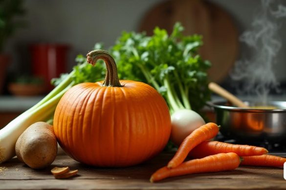 Una exhibición vibrante y acogedora de un paquete de verduras 'Mercadona', prominentemente con una variedad de ingredientes frescos. El paquete está perfectamente dispuesto en una mesa de cocina rústica de madera, con un telón de fondo de una acogedora configuración de cocina. La 'calabaza' es la estrella del espectáculo, su piel naranja brillante que brilla bajo una iluminación suave y cálida. Al lado, una 'papa' suave con tonos terrosos, algunas 'zanahorias' con su vibrante color naranja y tops de hoja verde, y un 'puerro' con su cuerpo largo y delgado y hojas de color verde pálido se colocan ingeniosamente. En el fondo, se puede ver una olla de sopa hirviendo en la estufa, con vapor aumentando suavemente, insinuando la deliciosa comida que se puede preparar. Una cuchara de madera descansa junto a la olla, y un pequeño tazón de especias agrega un toque de color y sabor. El ambiente general es cálido y acogedor, enfatizando la facilidad y la comodidad de cocinar con ingredientes frescos y saludables. El prec