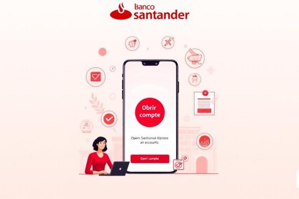 Una ilustración digital vibrante y acogedora que muestra el logotipo de 'Banco Santander' prominentemente en la parte superior. Debajo del logotipo, un teléfono inteligente elegante y moderno muestra la interfaz de aplicaciones móviles 'Banco Santander', con un botón brillante 'obrir compte' resaltado en un color audaz. Alrededor del teléfono inteligente hay varios íconos que representan los pasos para abrir una cuenta: una 'lista de verificación' que simboliza el proceso de registro, un icono de 'formulario' para ingresar datos personales, una 'cámara' para la verificación de identidad, un símbolo de 'contrato' para revisar los términos, y una 'marca de verificación' que indica la activación de la cuenta. El fondo es un gradiente suave de rojo y blanco, que refleja la marca del banco, con patrones sutiles de símbolos financieros como 'moneda', 'gráficos' y 'tarjetas de crédito' para enfatizar el tema de las finanzas y la conveniencia. En la esquina inferior, se representa a un cliente satisfecho, sonriendo m