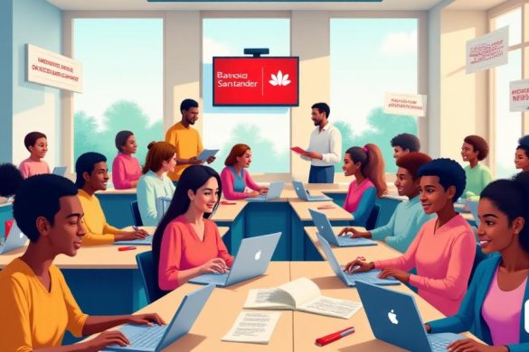Una ilustración digital vibrante y atractiva que muestra el 'Curs Santander | Inglés en línea 2025 'Programa. En primer plano, un grupo diverso de estudiantes entusiastas, que representan varias edades y antecedentes, se recopilan alrededor de computadoras portátiles y tabletas, inmersas en sus lecciones de inglés en línea. Cada alumno muestra una mirada de concentración y emoción, y algunos toman notas y otras participando en discusiones. El fondo presenta una configuración moderna y brillante en el aula con grandes ventanas que permiten la luz natural, adornadas con carteles motivadores sobre el 'aprendizaje de idiomas' y la 'oportunidad'. En una pared, una pantalla digital muestra el logotipo de 'British Council' junto con el logotipo 'Banco Santander', simbolizando su colaboración. Flotando en la escena hay elementos visuales como 'certificados de finalización', 'gramaticias' y 'guías de pronunciación', enfatizando el contenido educativo del curso. La atmósfera general es de positividad y empoderamiento,