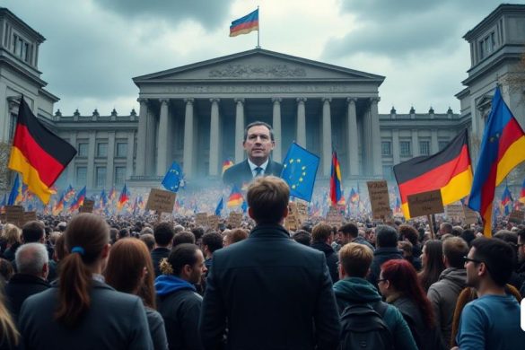 Una imagen dinámica y poderosa que representa un cambio político en Europa. En primer plano, una gran multitud de personas, diversas en apariencia, se reúne frente a un moderno edificio del gobierno europeo. La multitud se divide en dos facciones, un lado sosteniendo señales con símbolos de la 'Afd' (alternativa para Alemania) y consignas como 'antiinmigración' y 'nacionalismo'. El otro lado muestra a las personas que agitan las banderas de la Unión Europea y muestran mensajes pacíficos y progresivos. El telón de fondo presenta una figura política prominente, posiblemente un líder como 'Friedrich Merz' o 'Alice Weidel', parado con confianza frente a la multitud, simbolizando la división. La atmósfera es tensa, con nubes oscuras en el cielo y una sensación tormentosa e incierta colgando sobre la escena, reflejando la agitación política descrita en el texto. La imagen transmite la lucha ideológica, con los símbolos contrastantes del nacionalismo y el globalismo que se enfrentan en primer plano, mientras que los