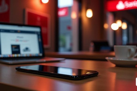Una imagen elegante y moderna que muestra el 'iPhone 16' en un escritorio de madera con un telón de fondo de una sucursal bancaria 'Banco Santander'. El teléfono se muestra prominentemente, brillante bajo iluminación suave y ambiental, resaltando su diseño de gama alta con su espalda reflectante de vidrio y bordes lisos. En el escritorio, al lado del iPhone, hay una computadora portátil abierta que muestra una página web 'Banco Santander' con una oferta para el 'iPhone 16 a cero costo'. El entorno transmite un ambiente profesional pero relajado. En el fondo, hay detalles sutiles del logotipo y la marca 'Santander', creando un ambiente corporativo pero acogedor. Una taza de café se encuentra al lado de la computadora portátil, agregando un toque informal a la escena. La atmósfera es una mezcla de sofisticación y modernidad, que ilustra la conveniencia de obtener el iPhone 16 bajo la oferta de alquiler de Banco Santander.