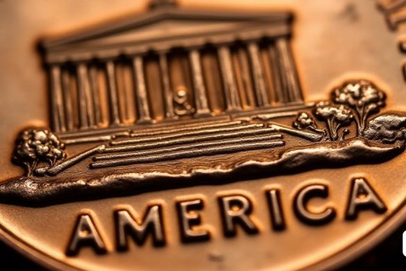 Una imagen muy detallada de un Close Am Penny de 1992, con un primer plano del reverso con un enfoque en la palabra 'América'. La proximidad inusual de 'A' y 'M' en 'America' es claramente visible, destacando el error en el proceso de acuñado. El fondo muestra el Lincoln Memorial con detalles sutiles del diseño del monumento, incluidas las iniciales de Frank Gasparro más distanciadas de la base. La moneda se ilumina para sacar los detalles finos de las letras y las ligeras marcas de desgaste indicativas de la edad de la moneda. El centavo tiene una apariencia brillante y bien conservada, que muestra su rareza y valor. La iluminación enfatiza la proximidad única de 'A' y 'M', lo que hace que se destaque como un artículo de coleccionista solicitado.