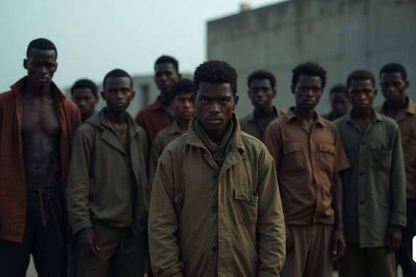 Una imagen sombría que captura un momento de incertidumbre y vulnerabilidad. La escena muestra a un grupo de hombres jóvenes, entre los adolescentes y principios de los años veinte, con una mezcla de expresiones sombrías. Están acurrucados juntos, con ropa irregular que sugiere que acaban de llegar después de un viaje difícil, posiblemente en barco, mientras están en un entorno abierto y rígido con estructuras de concreto e industriales en el fondo. La iluminación es tenue, evocando una sensación de desesperación y confusión. Los hombres han variado tez, desde tonos claros hasta más oscuros, que representan las diversas nacionalidades involucradas, como 'Senegal', 'Marruecos', 'Gambia' y 'Argelia'. Algunos llevan bolsas o pertenencias pequeñas y desgastadas, mientras que otros miran directamente la cámara, transmitiendo una sensación de incertidumbre y anticipación. El estado de ánimo de la imagen refleja la tensión que rodea la 'falsificación de la edad' y las 'afirmaciones fraudulentas de los menores' en el