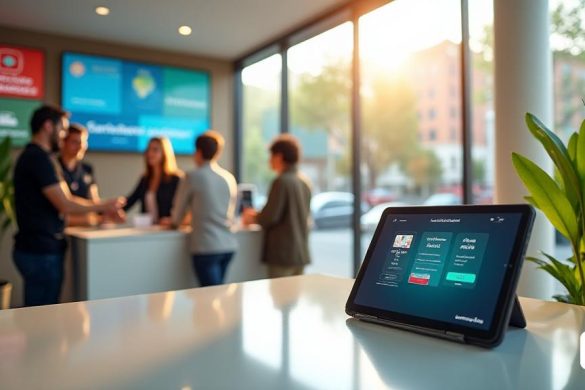 Una imagen vibrante y acogedora que muestra una rama moderna de Caixabank, con grandes ventanas de vidrio que refleja la luz del sol. En el interior, un grupo diverso de clientes, incluida una pareja joven y un anciano, interactúan con el personal del banco amigable en escritorios elegantes y minimalistas. Las paredes están adornadas con pantallas digitales que muestran 'avantatges' y 'promociones especiales', enfatizando el compromiso del banco con la innovación. En primer plano, una tableta digital muestra la interfaz de la aplicación Caixabank, destacando sus características de 'Banca Digital Avançada'. La atmósfera es brillante y acogedora, con plantas verdes que agregan un toque de naturaleza, simbolizando el crecimiento y 'satisfacer' para los clientes. Una pancarta en el fondo dice 'Compte d'Estalvi Caixabank', reforzando el enfoque en los ahorros y el bienestar financiero.
