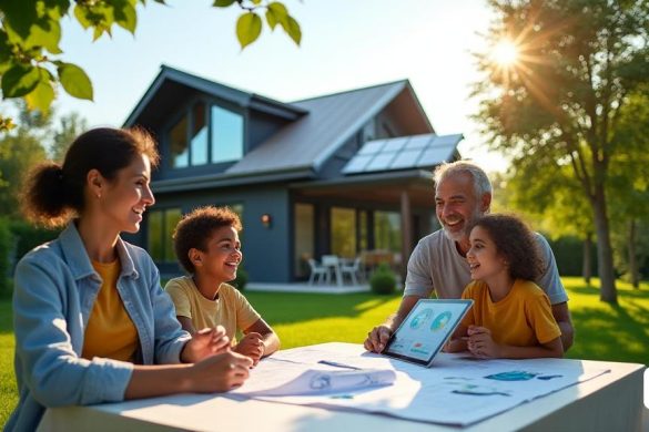 Una imagen visualmente llamativa de una casa moderna de eficiencia energética, que muestra su elegante arquitectura y sus características ecológicas. La casa está rodeada de exuberantes jardines y árboles verdes, simbolizando la sostenibilidad y la armonía con la naturaleza. La brillante luz del sol se filtra a través de las hojas, lanzando sombras moteadas en el suelo. En primer plano, se ve a una familia discutiendo planes, con planos y una tableta que muestra estadísticas de eficiencia energética extendida en una mesa. Los miembros de la familia, diversos en apariencia, exhiben expresiones de emoción y esperanza al considerar las renovaciones. En el fondo, los paneles solares brillan en el techo, y las ventanas de eficiencia energética reflejan los colores vibrantes del entorno circundante. Una pancarta en el cielo dice 'Estalvia Amb Hisenda!' En letras audaces y alegres, enfatizando los beneficios financieros de las mejoras en el hogar de eficiencia energética. La atmósfera general es de optimismo y progr