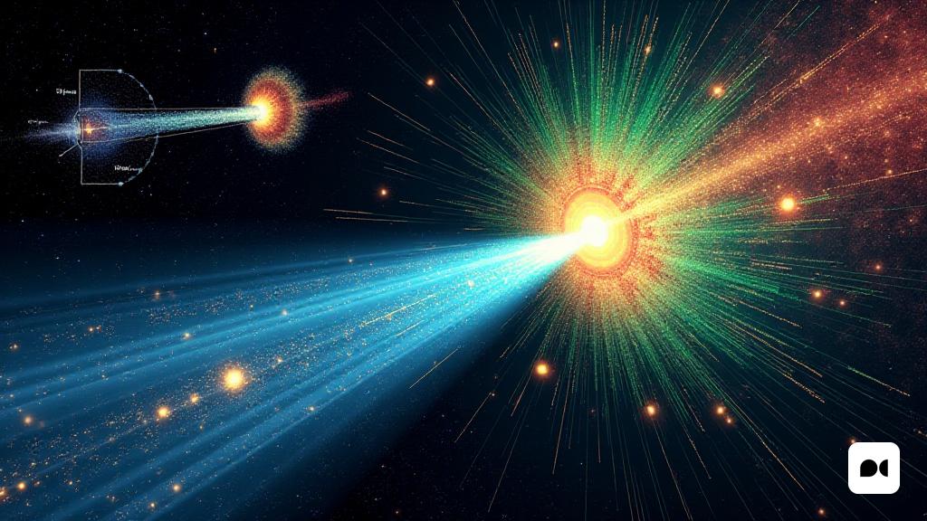 Una impresionante escena cósmica se desarrolla en esta imagen detallada, que representa la intrincada interacción entre un 'chorro' masivo y una 'estrella' dentro de una galaxia vibrante. En el lado izquierdo, un diagrama esquemático ilustra la interacción, mostrando la compleja dinámica entre el poderoso "flujo relativista" del chorro y los vientos estelares emitidos por la estrella. El lado derecho presenta una simulación numérica que visualiza la 'densidad de gas' en la región. El chorro, representado en un radiante 'azul', se transmite hacia abajo, mientras que la estrella se acerca desde la derecha, su trayectoria se intersecta con el camino del chorro. Las "líneas de corriente" en diferentes colores indican la velocidad del gas, revelando cómo los vientos de la estrella interactúan con el chorro, creando una región turbulenta detrás del punto de interacción, representada en tonos de "verde". Esta área caótica significa la mezcla del viento estelar y el material del chorro. La imagen captura el momento e