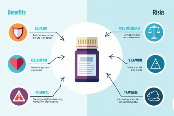 Una infografía detallada que ilustra los 'beneficios' y los 'riesgos' de los corticosteroides en el tratamiento médico. El fondo es un gradiente suave de azul y blanco, que simboliza la calma y la claridad. En el lado izquierdo, hay íconos vibrantes que representan los 'beneficios' de los corticosteroides: un escudo para la acción 'antiinflamatoria', un corazón para la 'regulación del sistema inmune' y una escala para el 'metabolismo'. Cada icono se acompaña de un texto breve en fuente audaz y fácil de leer. El lado derecho contrasta con tonos más oscuros, mostrando los 'riesgos' asociados con los corticosteroides. Los íconos incluyen una señal de advertencia para el 'aumento de peso', un hueso roto para 'osteoporosis' y una nube para 'cambios de humor'. Estos íconos también se combinan con descripciones concisas. En el centro, se representa una imagen grande y estilizada de una botella de pastilla corticosteroides, con flechas que apuntan a ambos lados, lo que indica la naturaleza dual de estos medicamentos.