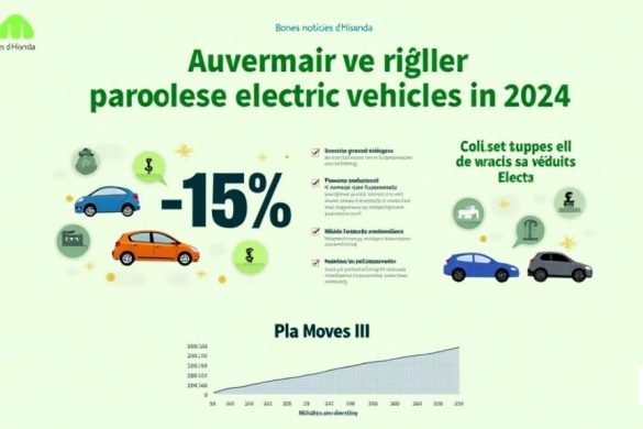 Una infografía vibrante e informativa que ilustra los beneficios de la compra de vehículos eléctricos en 2024. El fondo presenta un gradiente verde suave que simboliza 'sostenibilidad' y 'ecológica'. En la parte superior, el texto en negrita lee 'Bones Notícies d'Hisenda' en una fuente moderna, con un pequeño ícono de un automóvil que se asemeja a un 'vehículo eléctrico'. Debajo de esto, se muestra un gran signo porcentual '15%', rodeado de gráficos de bolsas de dinero y monedas, lo que indica' ahorros 'potenciales. Por un lado, hay ilustraciones de varios vehículos eléctricos, que muestran diseños elegantes y colores vibrantes, que representan la "variedad" de opciones disponibles. En el lado opuesto, una lista de verificación describe los pasos para solicitar la deducción de impuestos, con iconos para 'factura', 'requisitos' y 'declaración', cada uno acompañado de una breve descripción en texto más pequeño. En la parte inferior, una representación visual del 'PLA se mueve III' con un gráfico que muestra cre