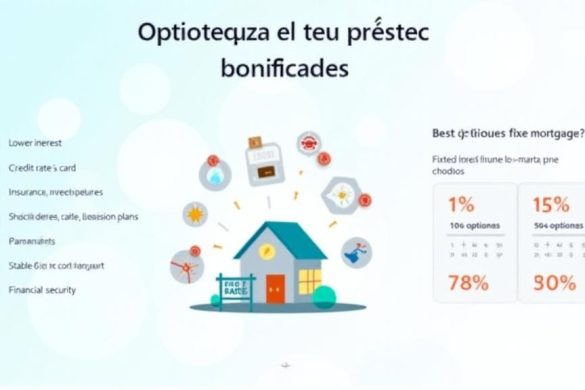 Una infografía visualmente atractiva que ilustra el concepto de 'Hipoteques corrige Bonificades'. El fondo es un gradiente suave de azul y blanco, que simboliza la estabilidad financiera. En la parte superior, Bold Text lee 'Optimitza el Teu Préstec' en una fuente moderna. A continuación, un gráfico grande y central representa una casa con un letrero de 'tasa de interés fija' frente a ella, rodeada de íconos que representan varios 'productos' como una 'tarjeta de crédito', 'seguro' y 'planes de pensiones'. Cada icono es colorido y fácilmente reconocible. A la izquierda, una lista de verificación describe los 'beneficios' de una hipoteca de tasa fija, que incluye 'menor interés', 'pagos estables' y 'seguridad financiera', cada uno acompañado de un icono pequeño y relevante. A la derecha, una tabla de comparación destaca las 'mejores opciones' para 2024, con porcentajes y condiciones claramente mostrados. El diseño general es limpio y profesional, destinado a educar a los potenciales prestatarios sobre las vent