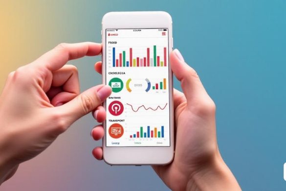 Una interfaz de aplicación móvil vibrante y fácil de usar que muestra la nueva función de análisis financiero de Banco Santander. La pantalla muestra coloridos 'gráficos' y 'gráficos' que clasifican 'gastos' y 'ahorros' en secciones distintas como 'comida', 'transporte' y 'ocio'. Cada categoría está representada por un color diferente, lo que facilita la identificación de dónde se gasta el dinero. El fondo es un gradiente suave que mejora la claridad de los datos presentados. En primer plano, se ve una mano sosteniendo un teléfono inteligente, aprovechando la opción de 'análisis', simbolizando la participación del usuario. La atmósfera general es de empoderamiento y control sobre las finanzas personales, con énfasis en la claridad y la simplicidad en la administración del dinero.
